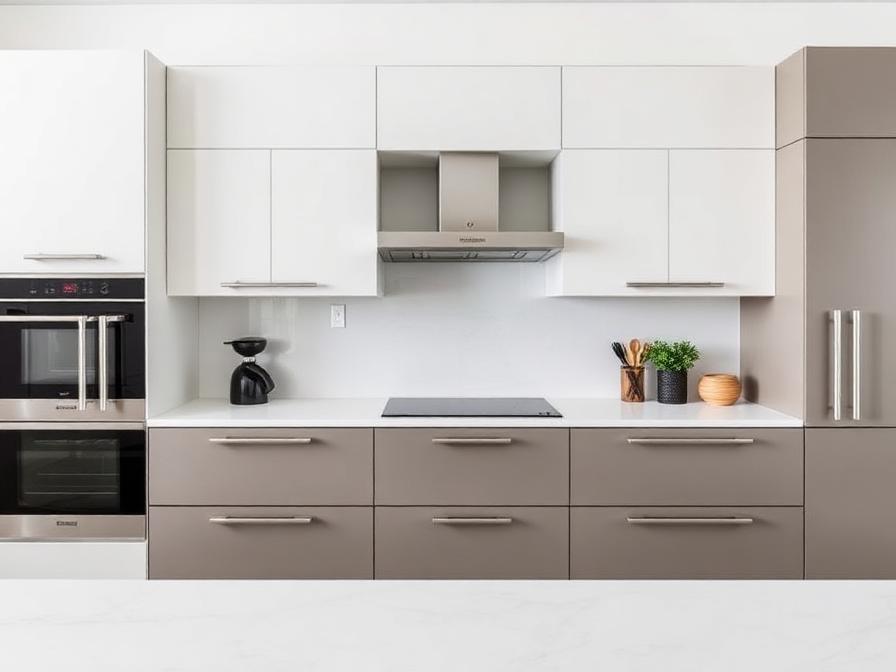 Kitchen cabinets with brushed steel bar handles