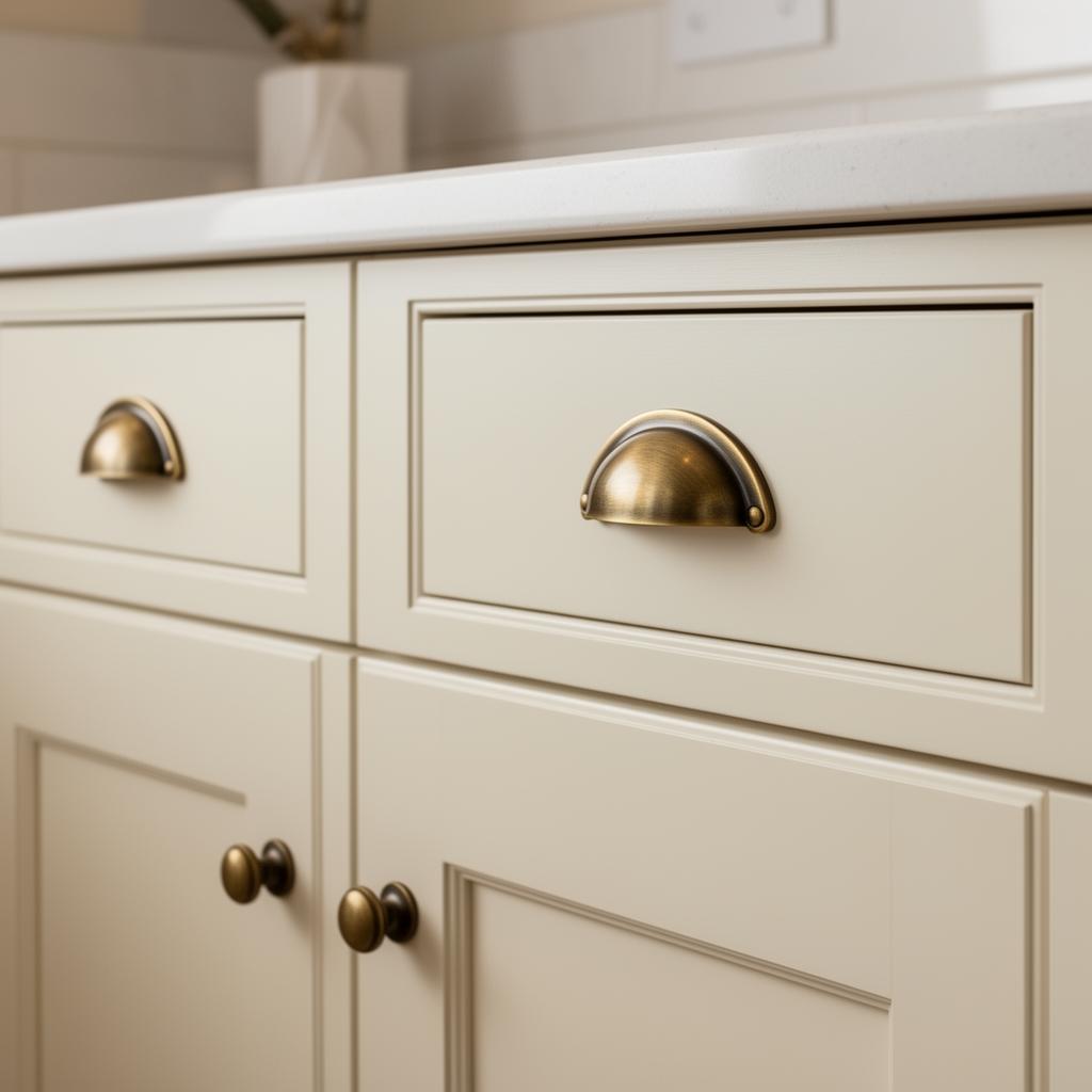 Kitchen cabinets with brass cup pull handles