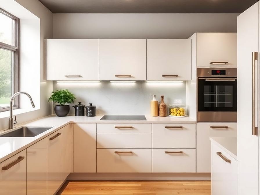 Kitchen cabinets with wooden bar handles