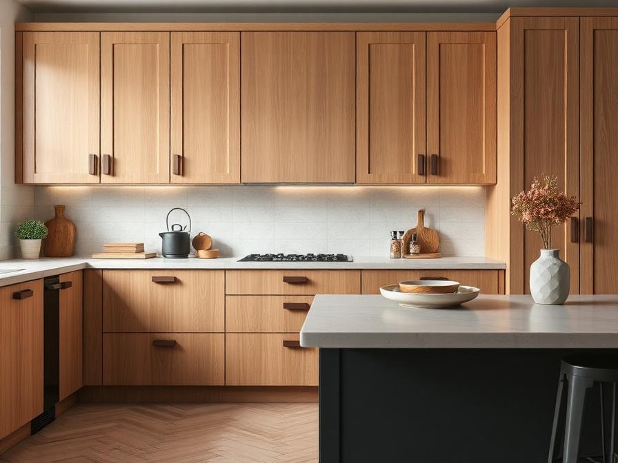 Kitchen cabinets with leather tab handles